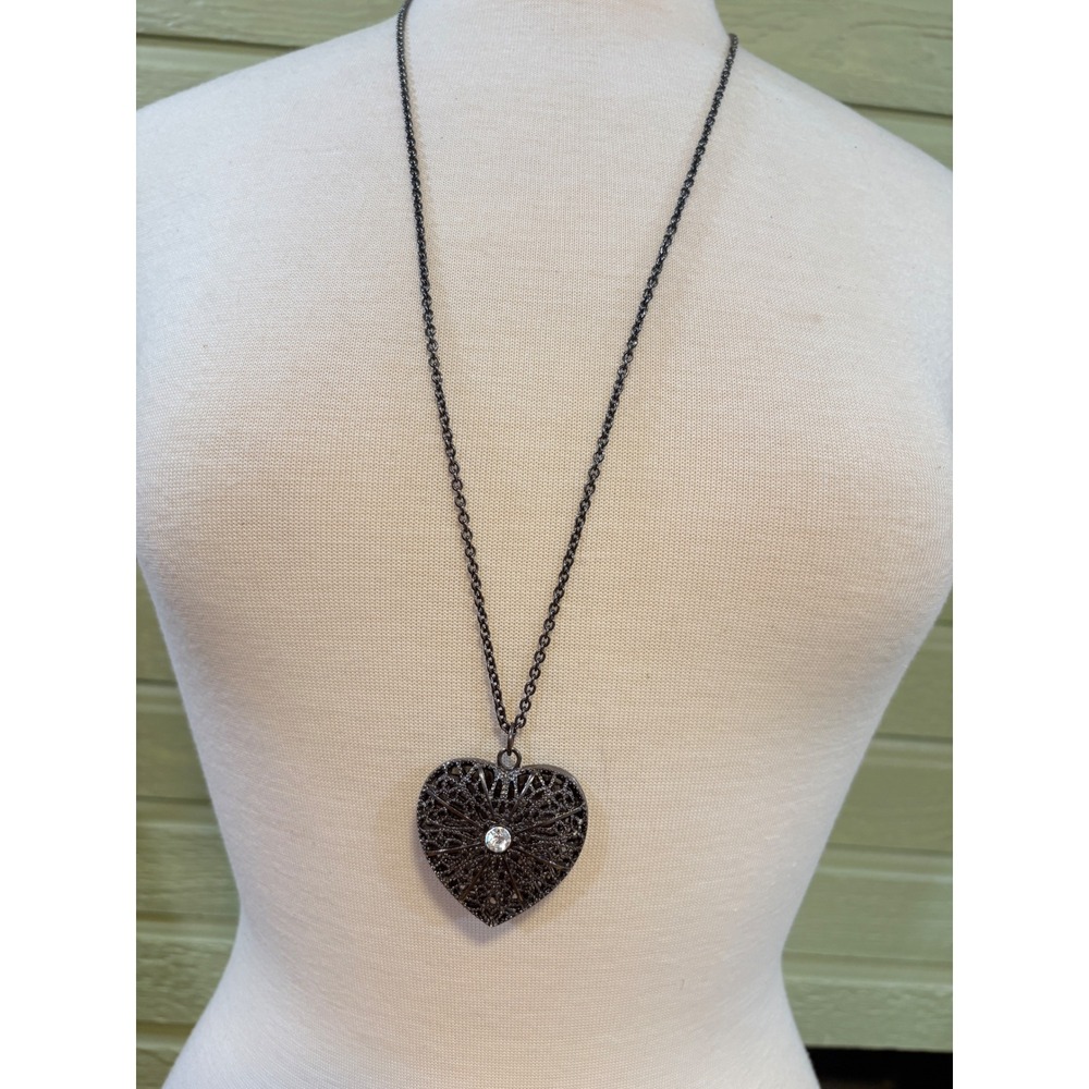 Gunmetal Filigree Heart Pendant Necklace Long‎ Chain Rhinestone Accent